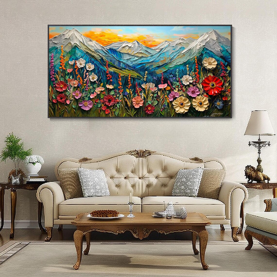 Mountain Valley Wildflowers With Snowy Peaks Sunset Glow Poster - Image 4