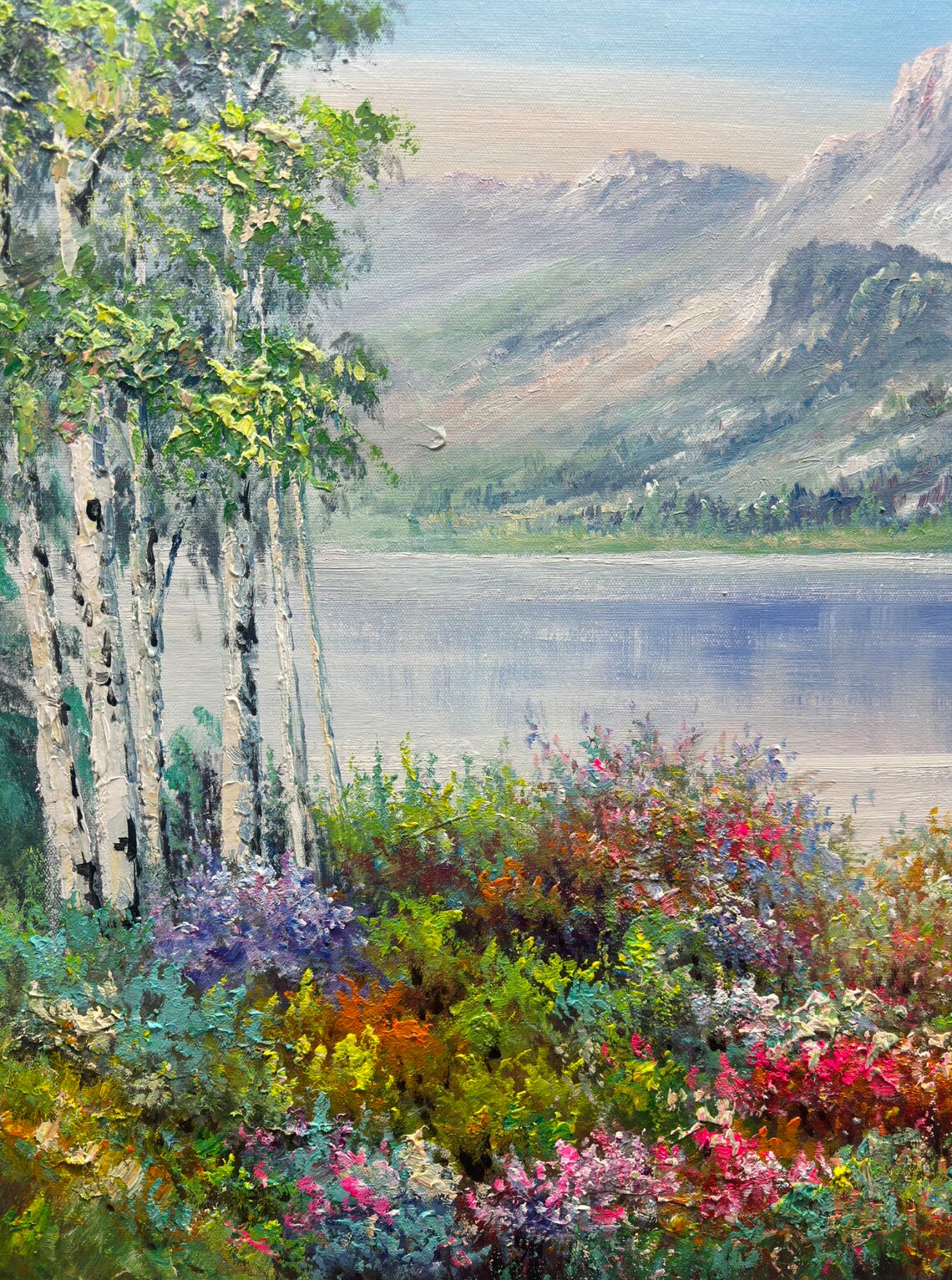 Lake, Mountain and Tree Oil Painting, Modern Art Print - Image 2
