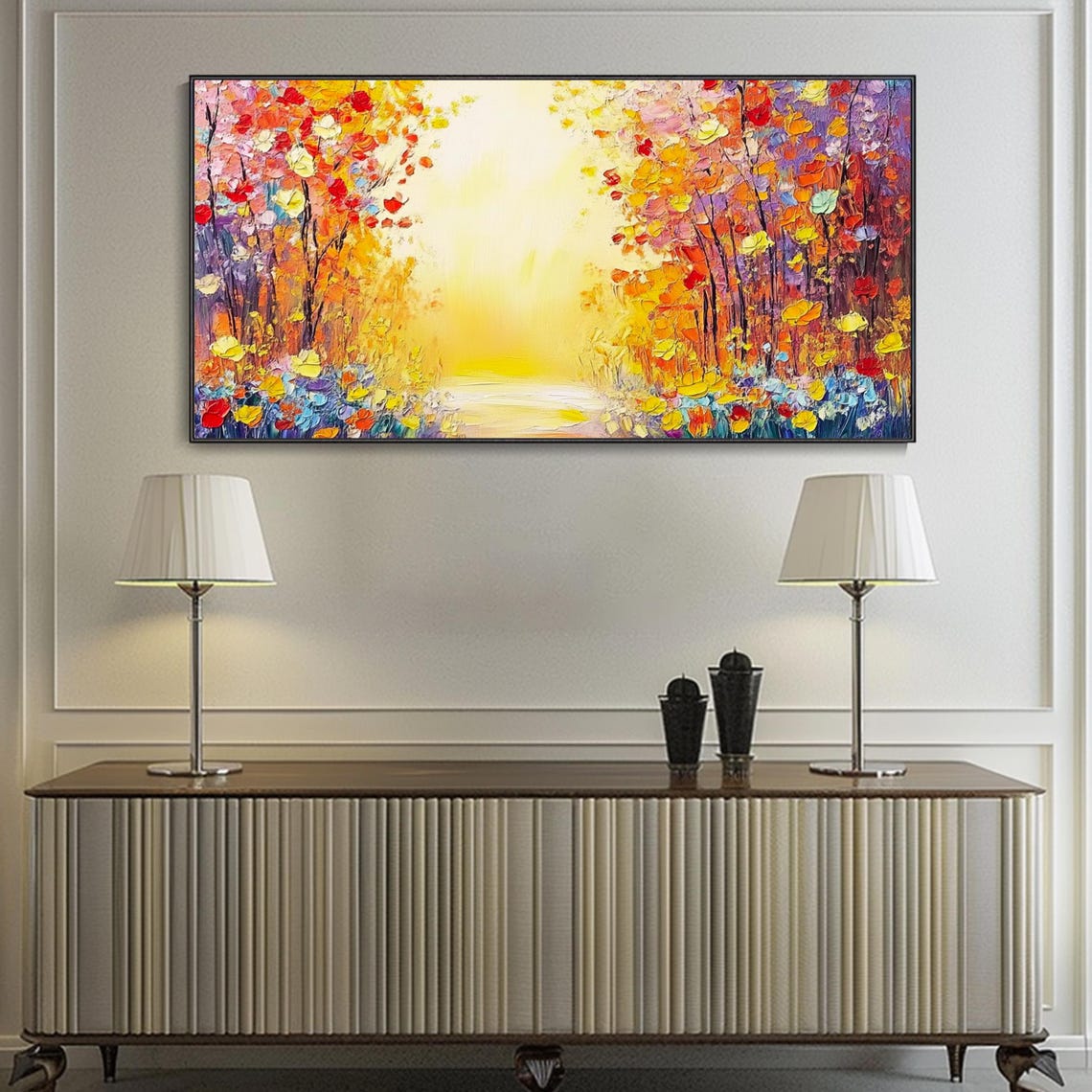 Colorful Forest Path Toward Glowing Golden Light Painting Poster - Image 4
