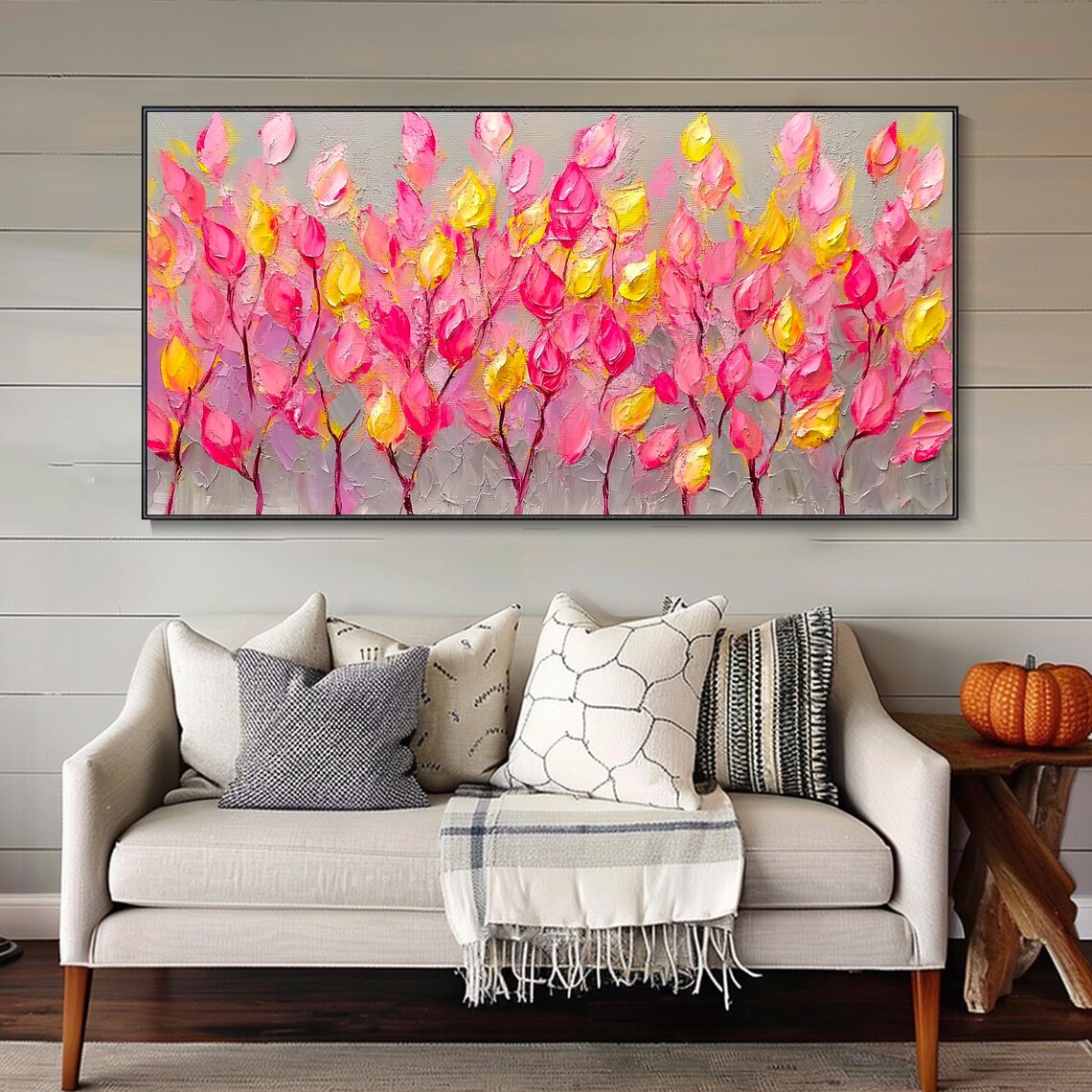 Pink And Yellow Tulip Buds Modern Abstract Floral Painting Poster - Image 2