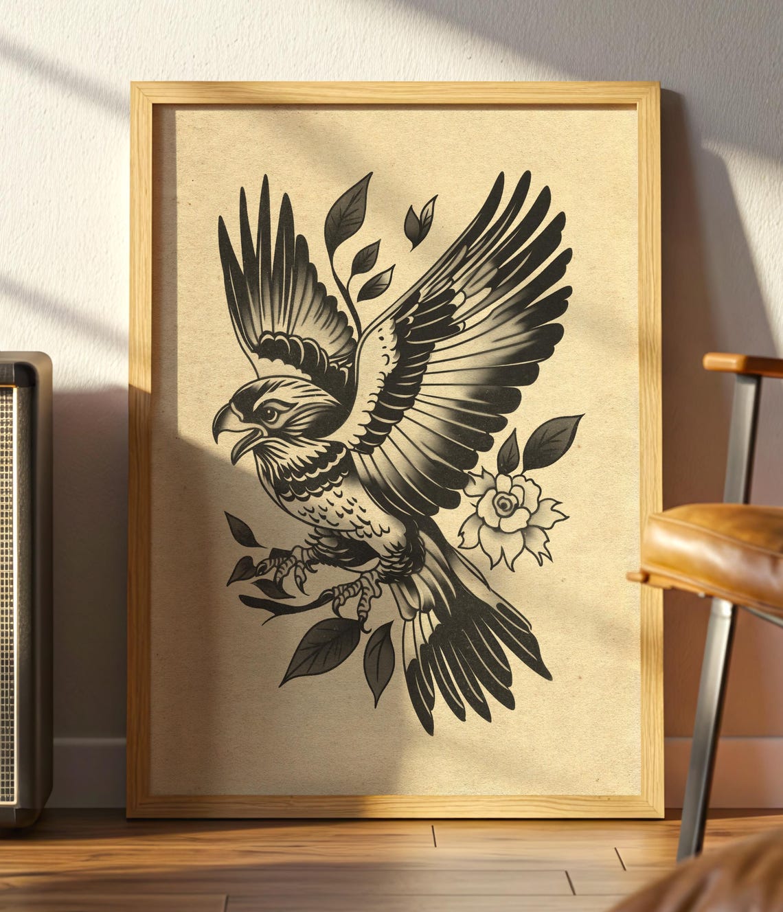 Traditional Black Grey Hawk Tattoo Flash Bold Bird Of Prey Art Poster