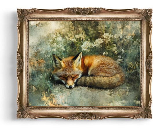 Sleeping Fox Art Print Vintage Animal Decor Floral Nature Photo Rustic Wall Cozy Home