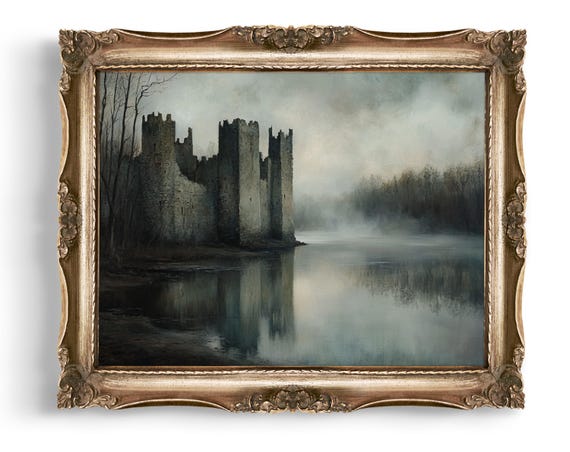 Castle Ruins Art Medieval Fortress Wall Painting Misty Landscape Print Moody River Scene