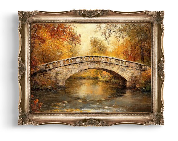 Autumn Stone Bridge River Fall Landscape Vintage Painting Poster