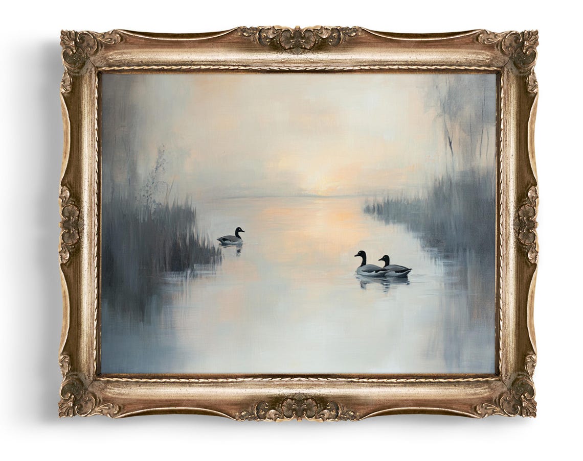 Misty Lake With Ducks At Sunrise Serene Wildlife Painting Poster