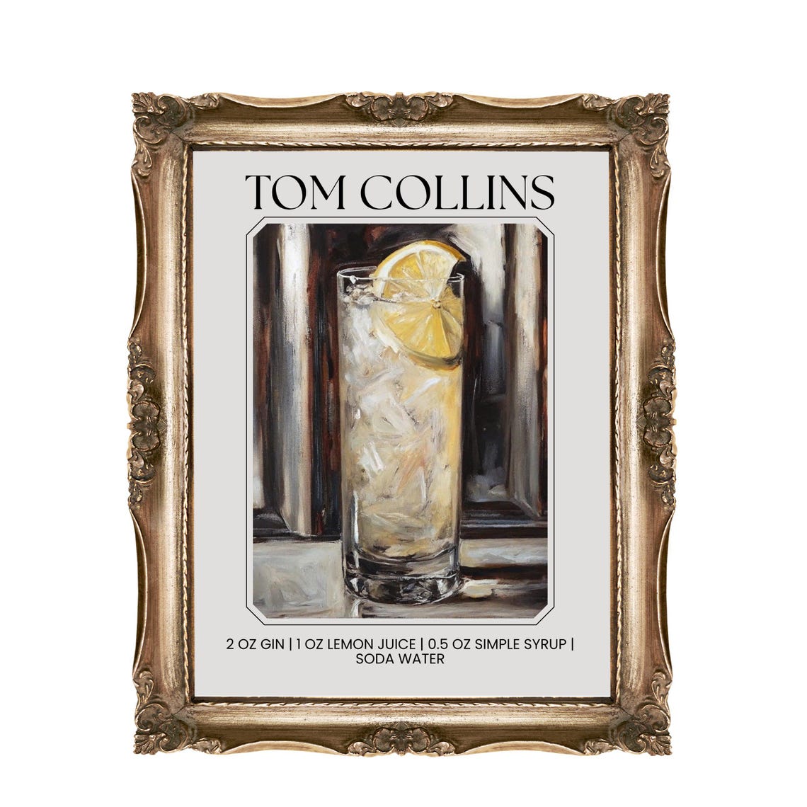 Tom Collins Cocktail Recipe Art Classic Gin Bar Decor Poster