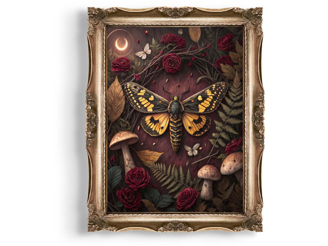 Tiger Moth Dark Academia Gothic Botanical Roses Crescent Moon Print