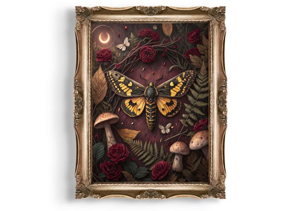 Moth Wall Art Floral Gothic Home Decor Botanical Print Dark Academia Insect Poster