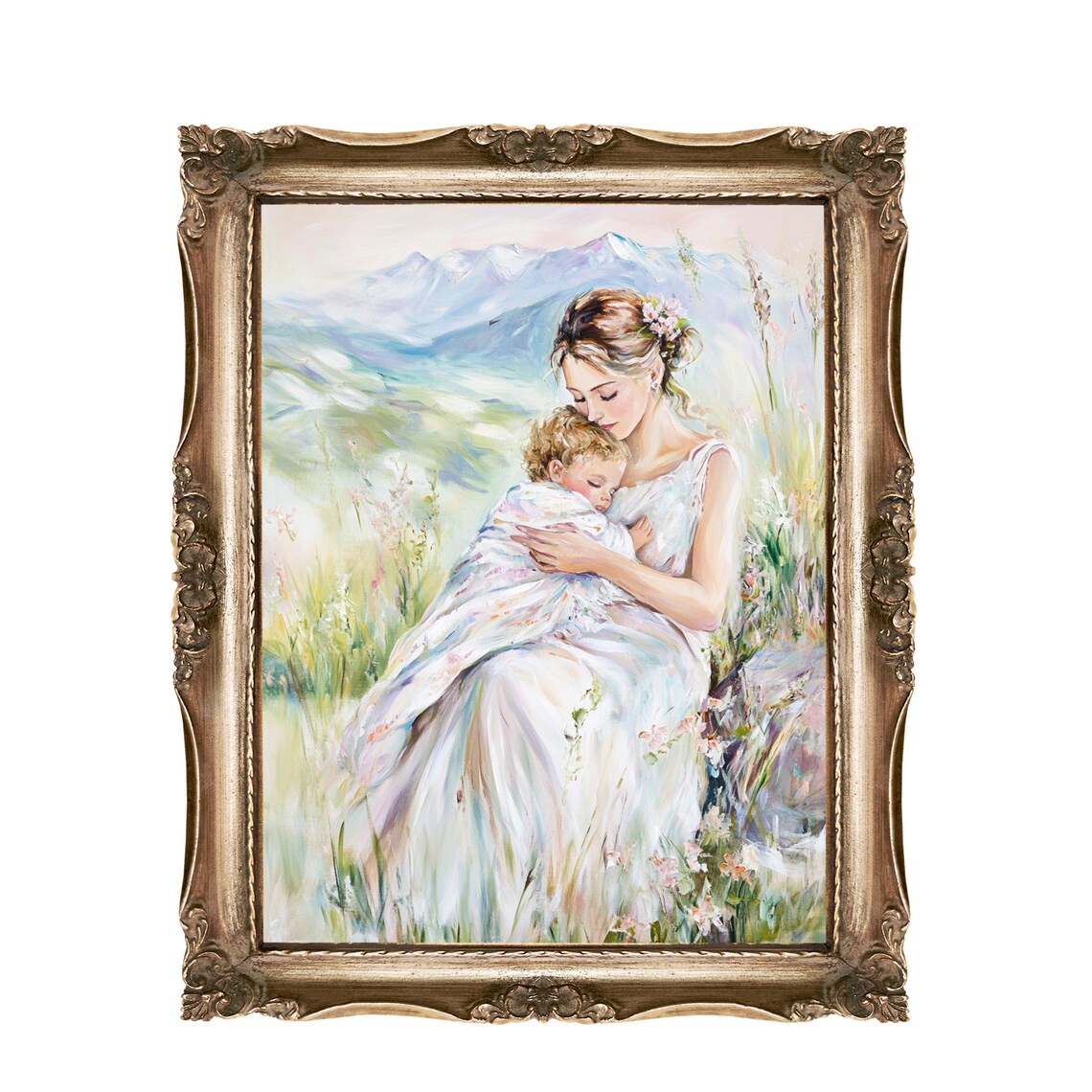 Mother And Child Mountain Meadow Tender Motherhood Painting Poster