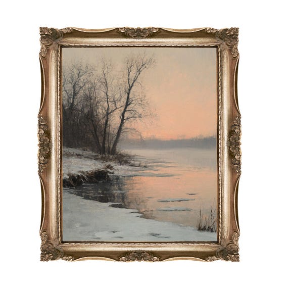 Winter Landscape Art Print Sunset Reflections Bare Trees Fine Wall Home Decor