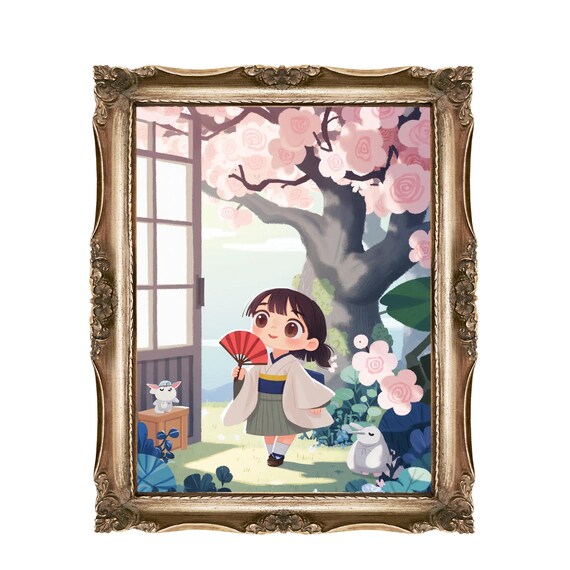 Cute Cherry Blossom Girl With Red Fan Garden Scene Kids Poster