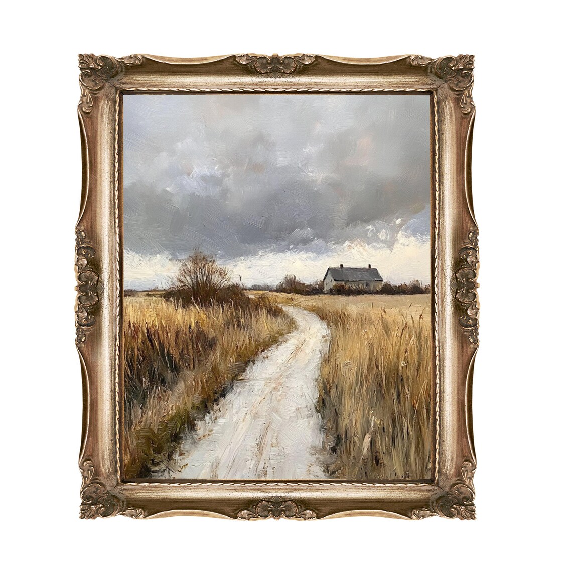 Country Road Winding through Golden Fields to a Cottage Art Poster
