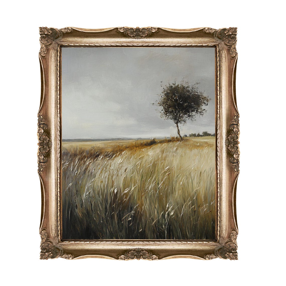 Lone Windblown Tree In A Golden Grass Field Overcast Art Poster