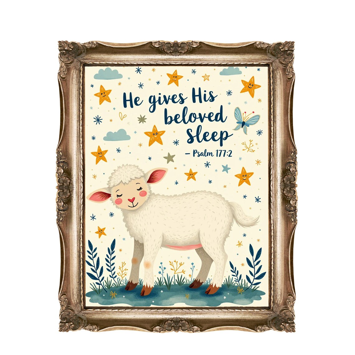 He Gives His Beloved Sleep Psalm 177:2 White Lamb Nursery Poster