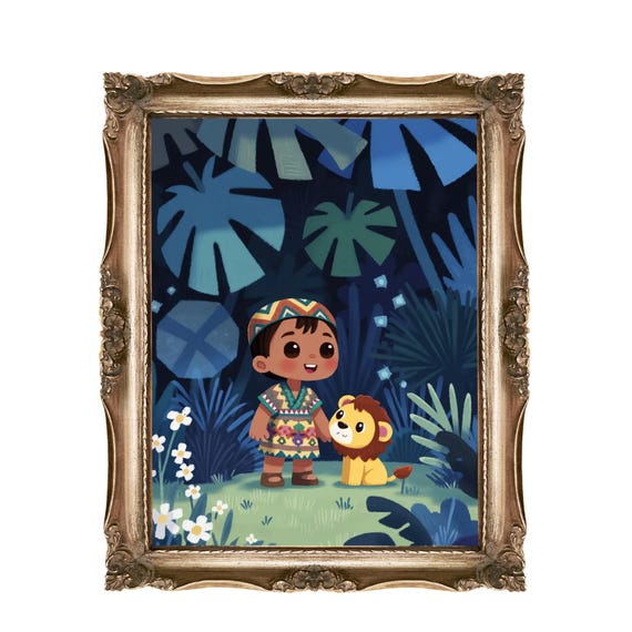 Boy And Lion Wall Art Kids Room Decor Nursery Print Cute Animal Childrens Jungle Theme
