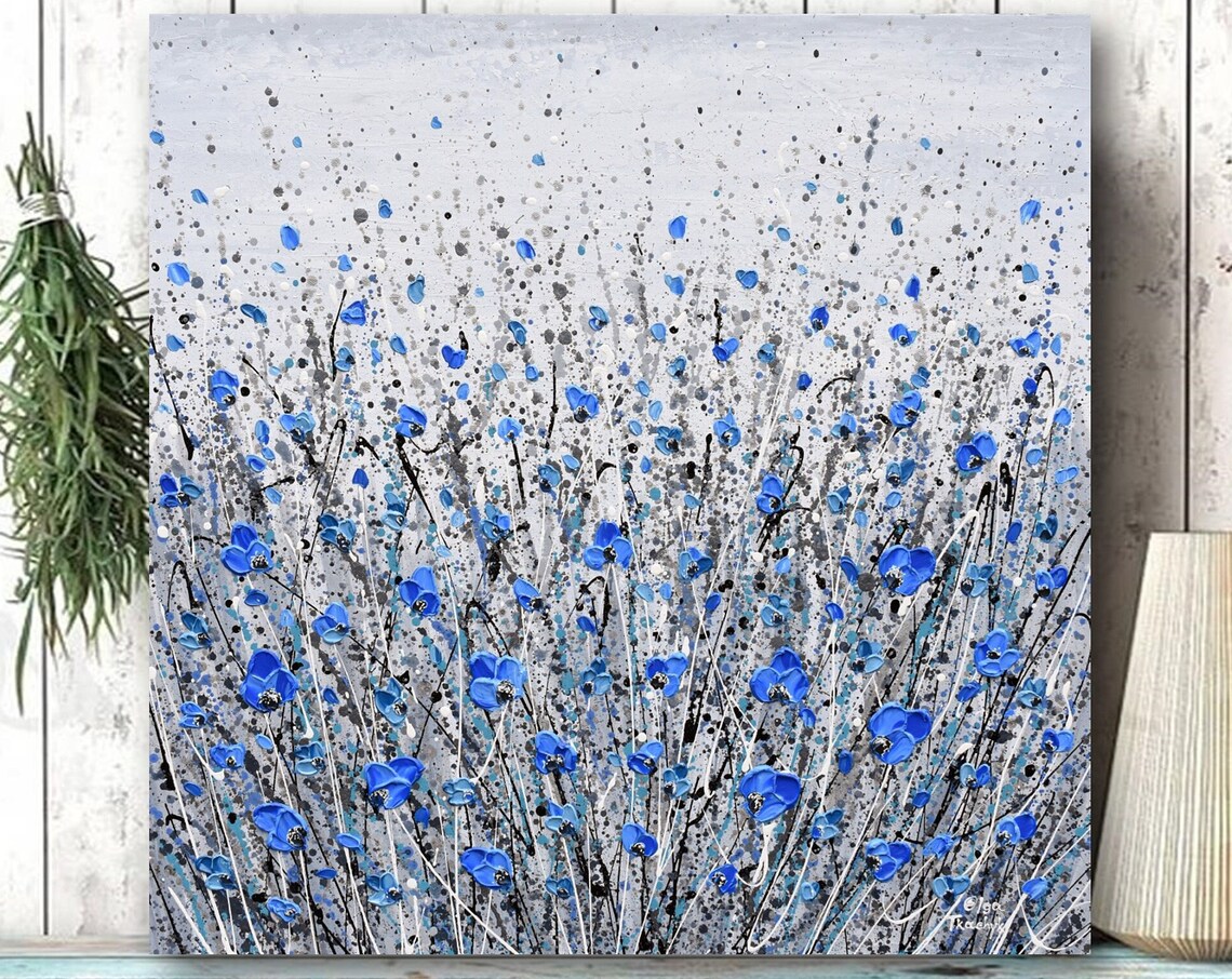Blue Flowers on Gray Abstract Floral Art Print