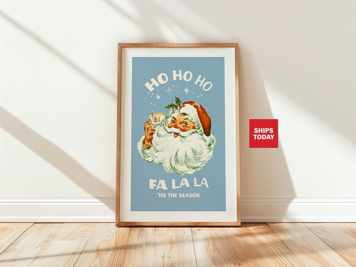 Santa Coffee Retro Christmas Art Print, Coffee Bar