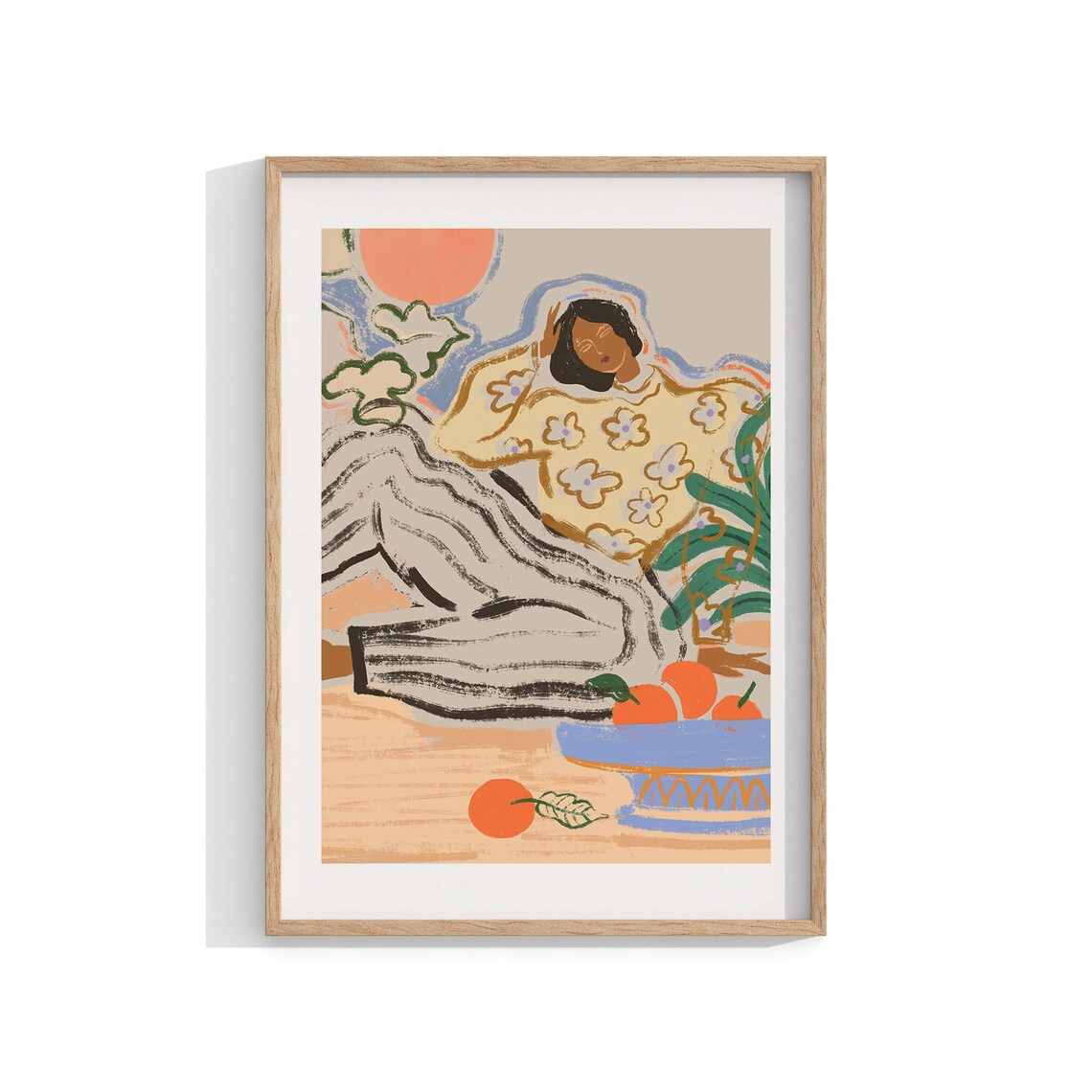 Woman Lounging in Floral Robe Modern Abstract Boho Portrait Print