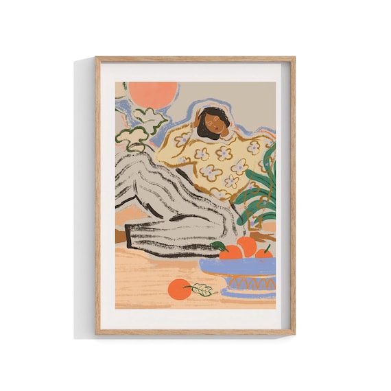 Woman Lounging in Floral Robe Modern Abstract Boho Portrait Print
