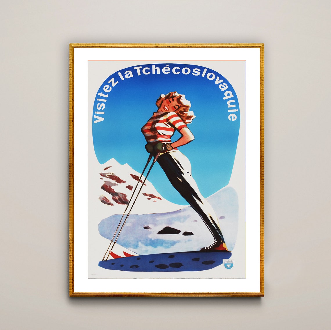 Visitez La Tchecoslovaquie Skier Girl Vintage Ski Travel Poster