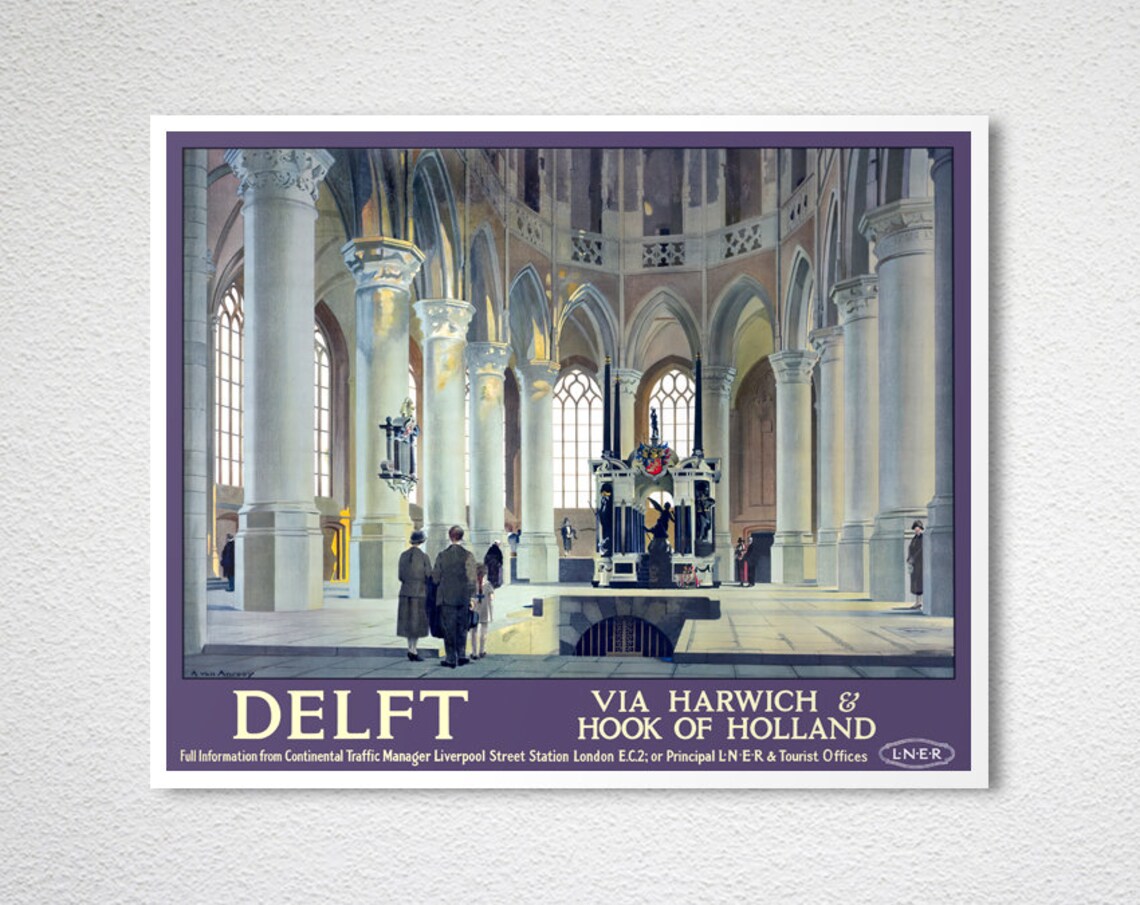 Delft Netherlands Nieuwe Kerk LNER Railway Vintage Travel Poster - Image 2