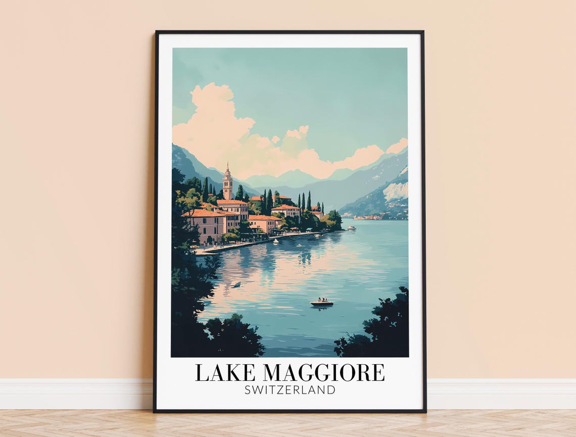 Lake Maggiore Evening Calm Water Lakeside Town Sunset Poster