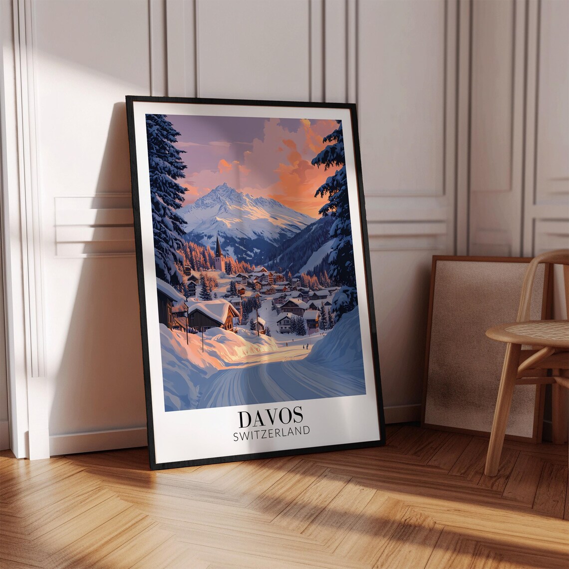Davos Switzerland Village Valley at Purple Sunset Travel Poster - Image 4