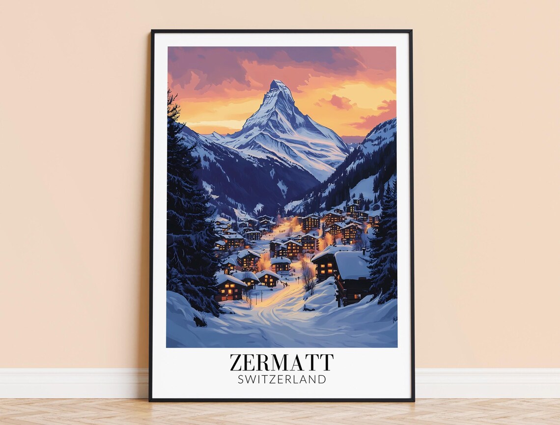 Zermatt Switzerland Matterhorn Alpenglow Village Travel Poster