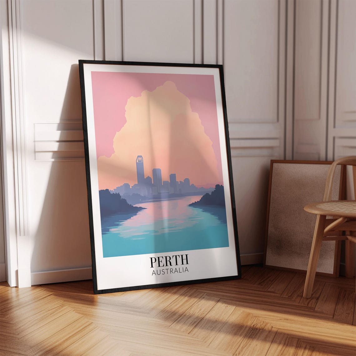 Perth Australia Pastel Pink Skyline Swan River View Travel Poster - Image 2