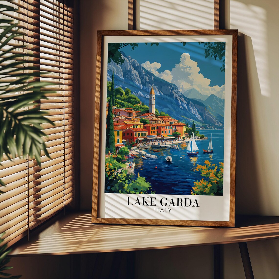 Lake Garda Italy Sailboats Village Church Spire Calm Water Poster - Image 3