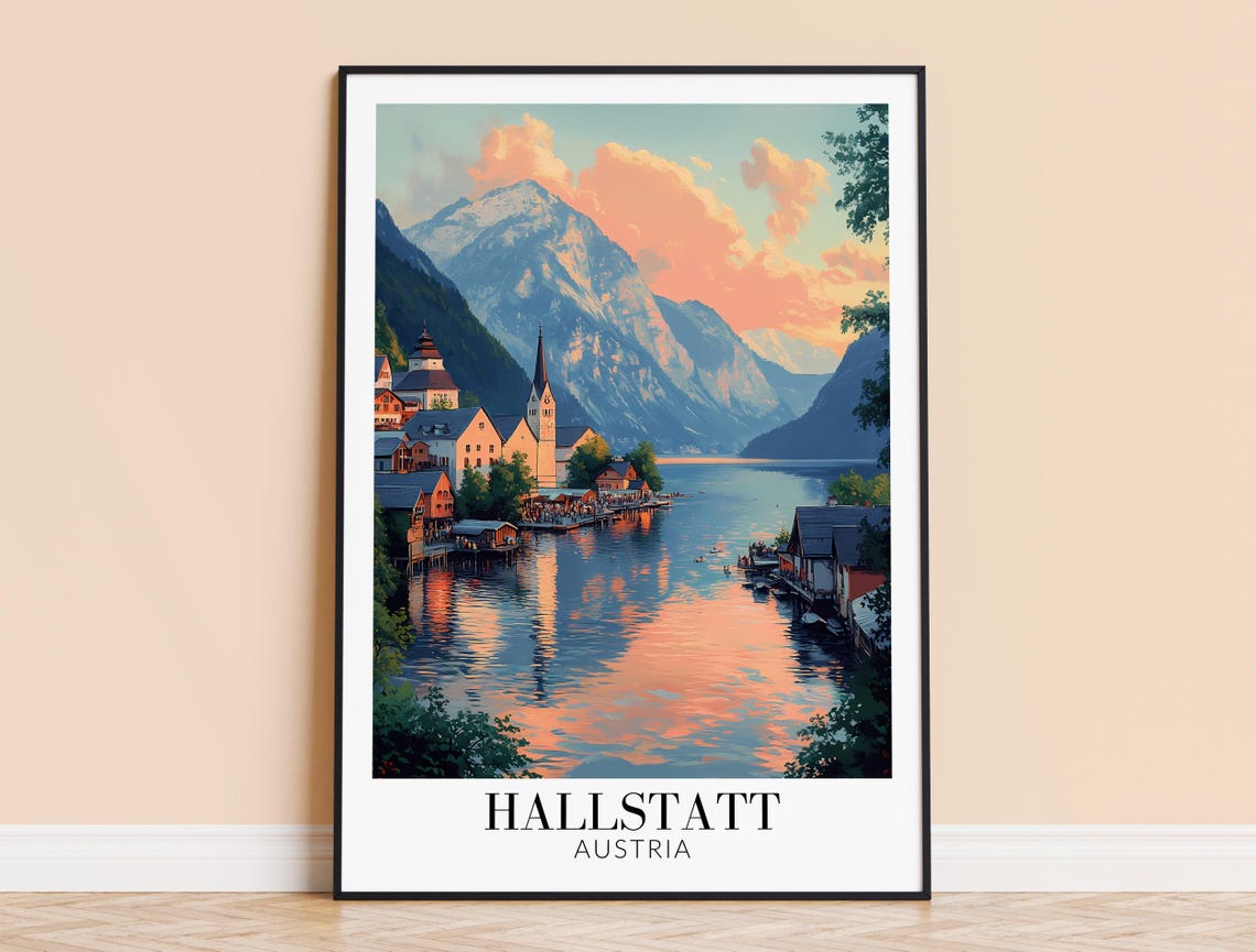 Hallstatt Lakeside Village Sunset Austria Alpine Lake Travel Poster