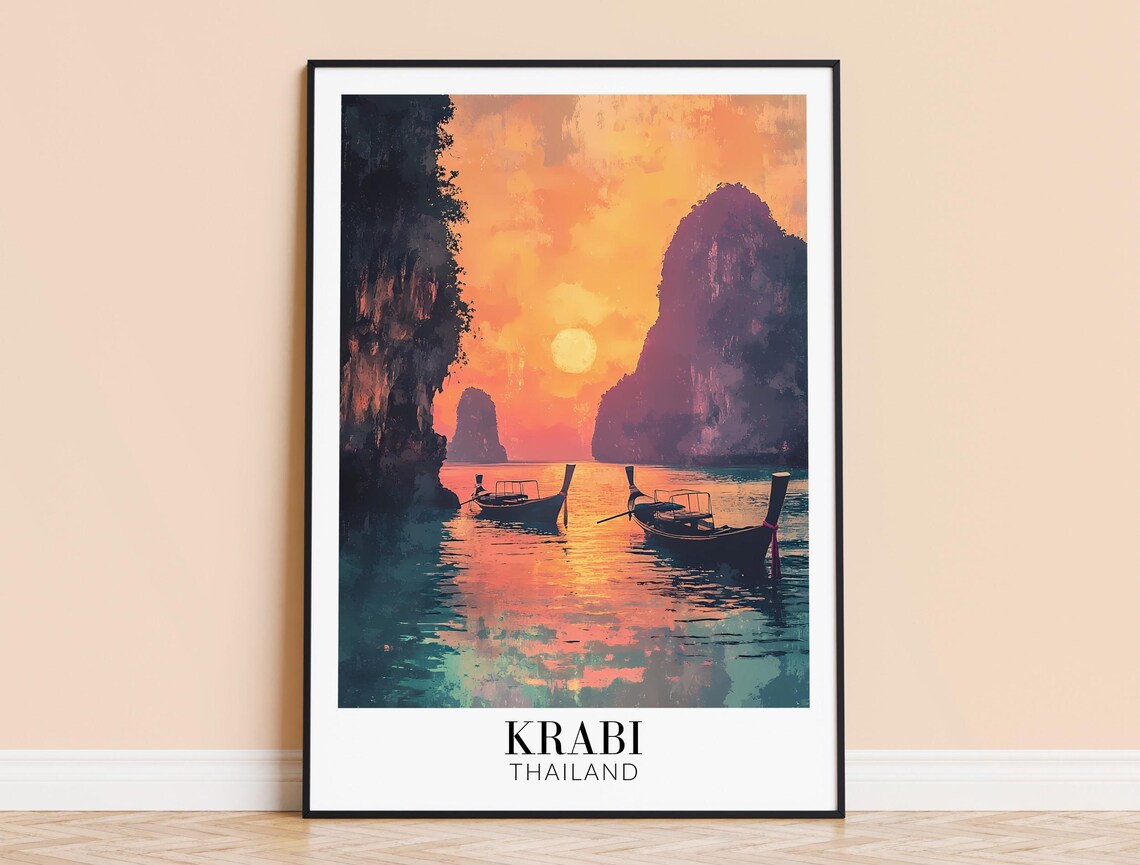 Krabi Thailand Sunset Bay Longtail Boats Silhouette Romance Poster