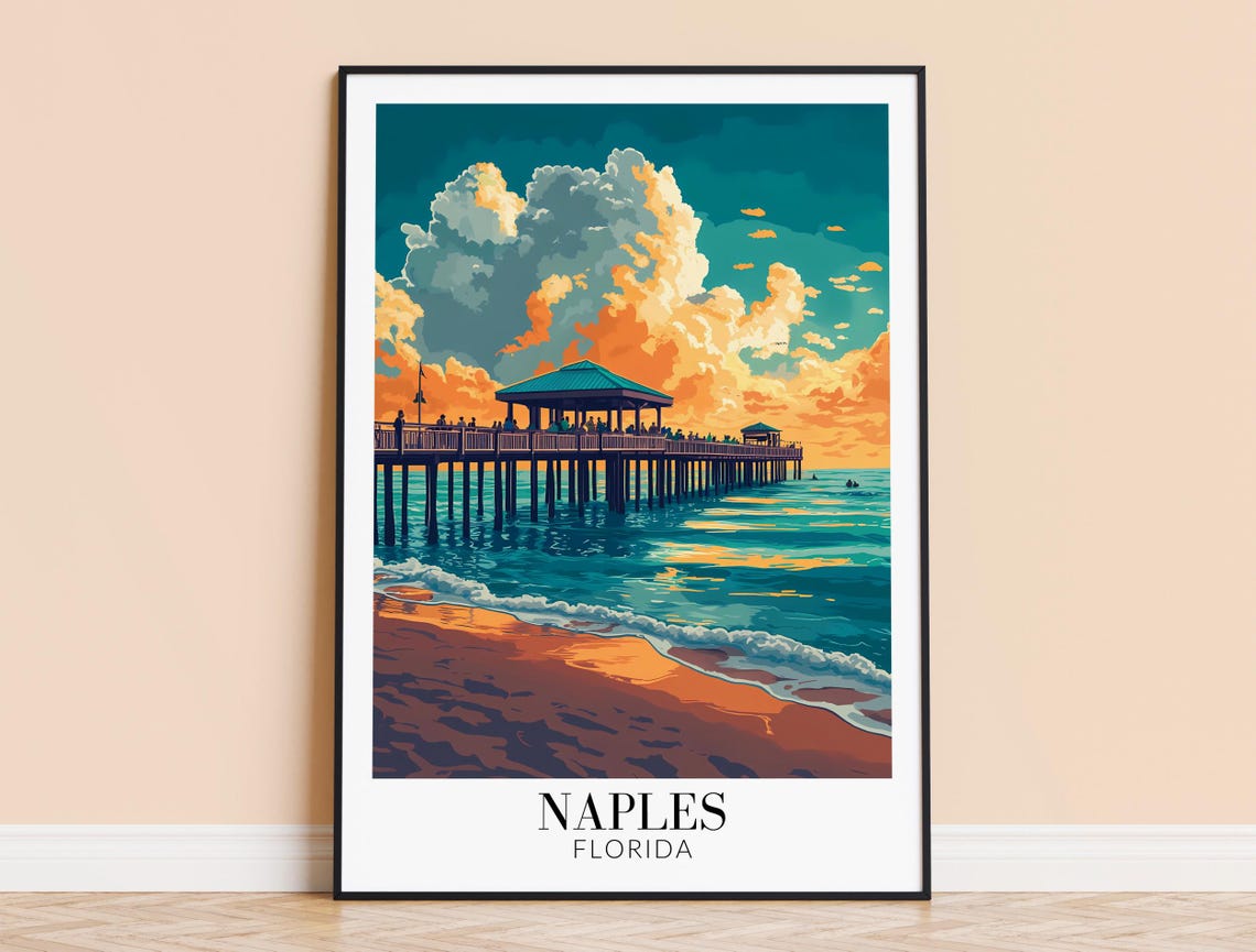 Naples Florida Pier At Sunset Golden Clouds Ocean Waves Travel Poster