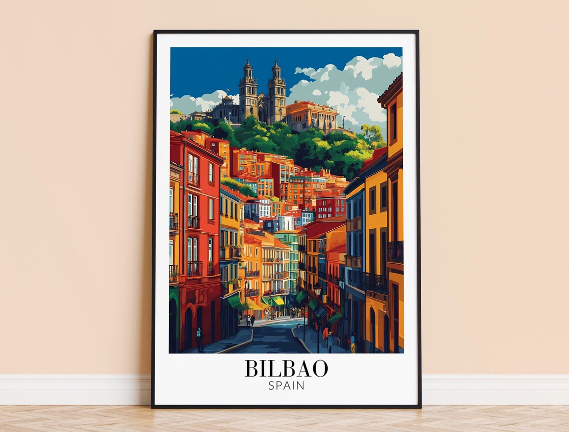 Bilbao Spain Old Town Street View Colorful Travel Poster Scene