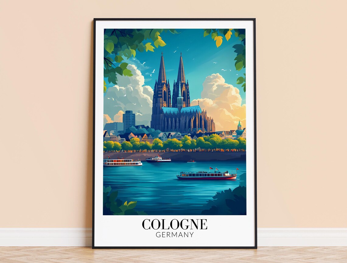 Cologne Germany Cathedral Rhine River Boats City Travel Poster