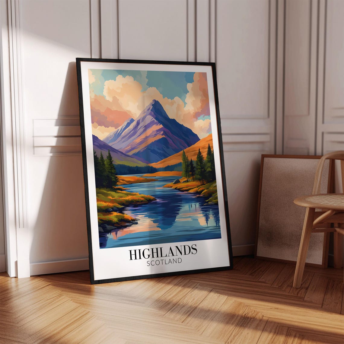 Scottish Highlands Mountain River Sunset Reflection Travel Poster - Image 2
