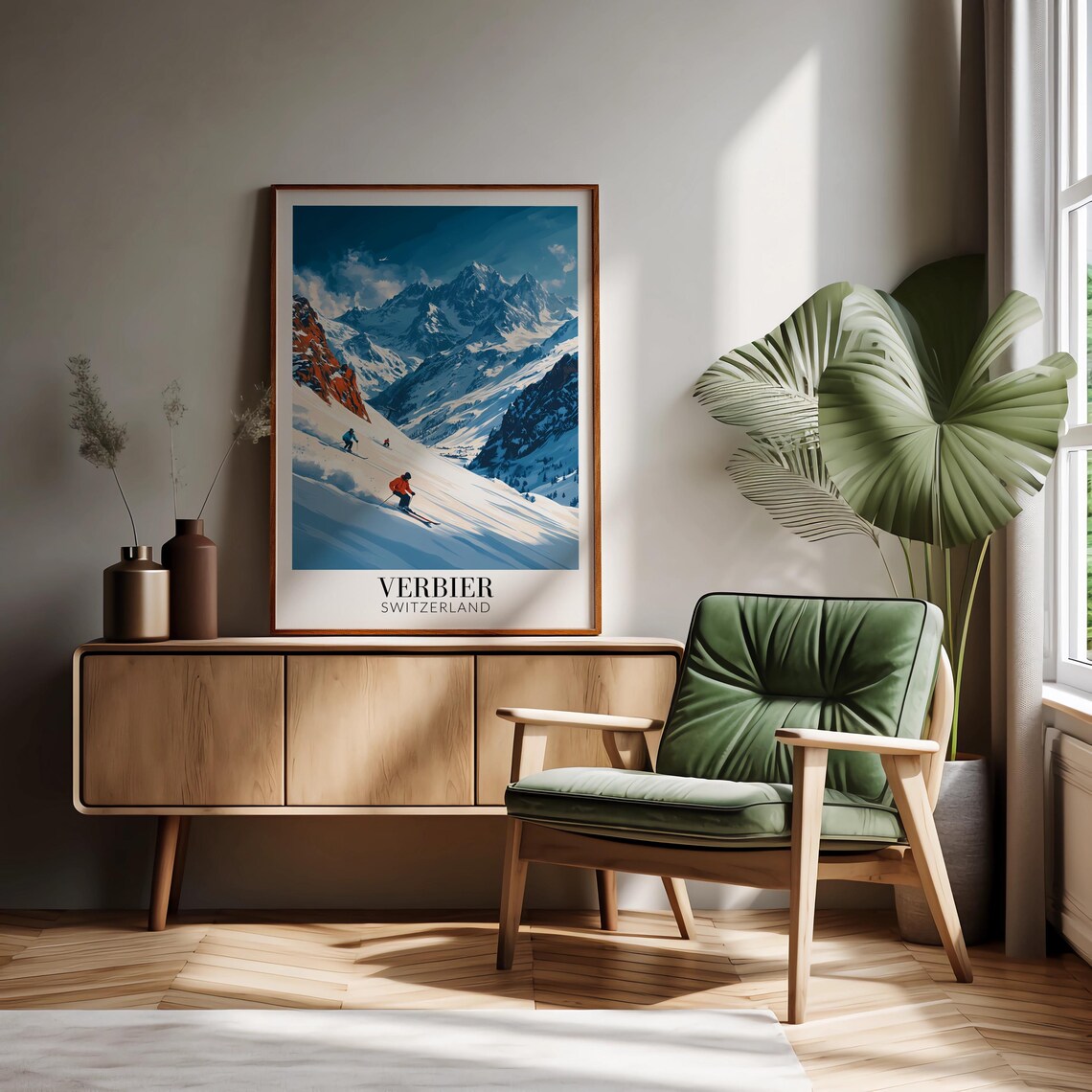 Verbier Switzerland Skiers on Sunny Alpine Slope Travel Poster - Image 2