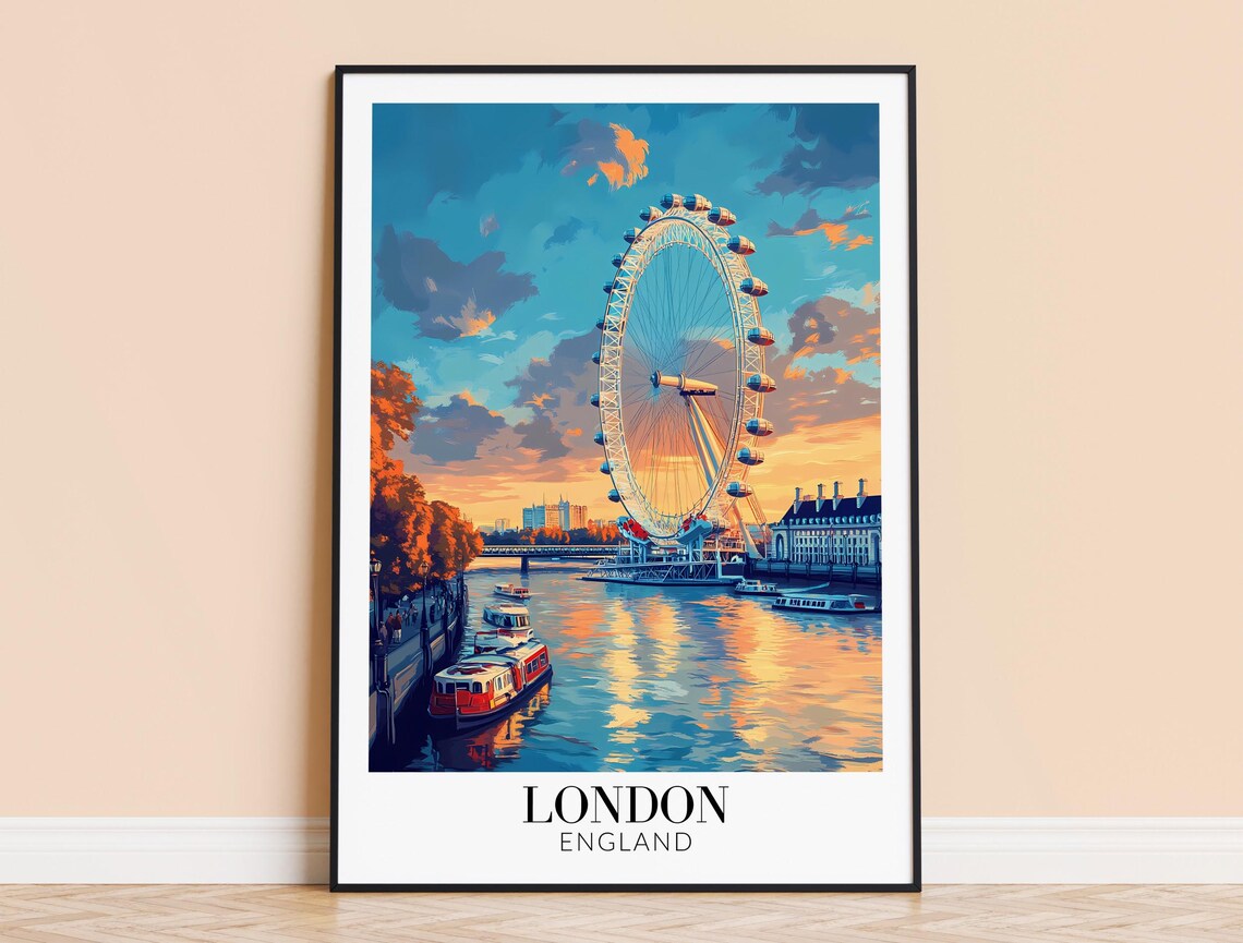 London England London Eye Sunset River Thames Boats Travel Poster