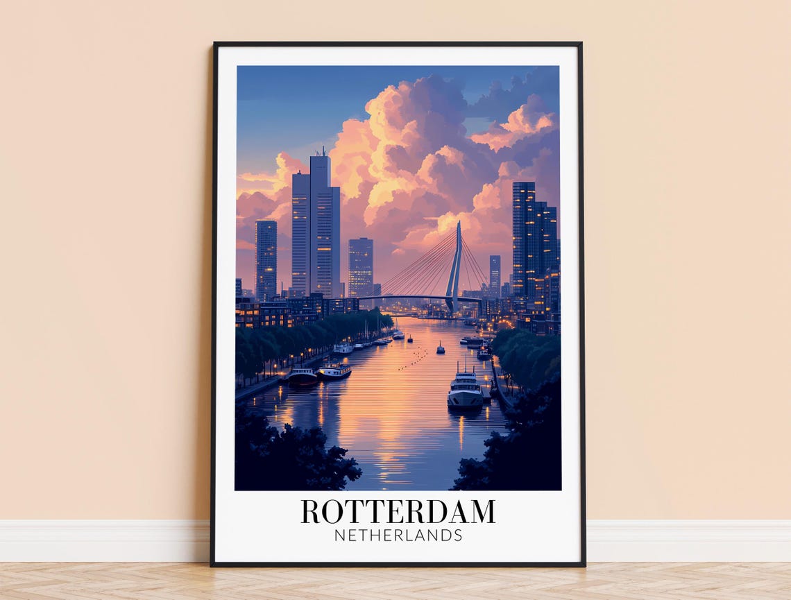 Rotterdam Erasmus Bridge Twilight River Reflection Glow Poster