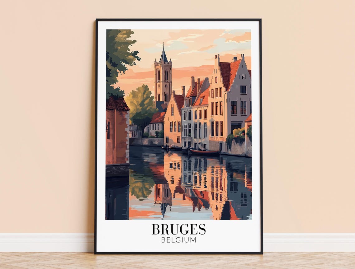 Bruges Belgium Canal at Sunset Reflection Bell Tower Travel Poster