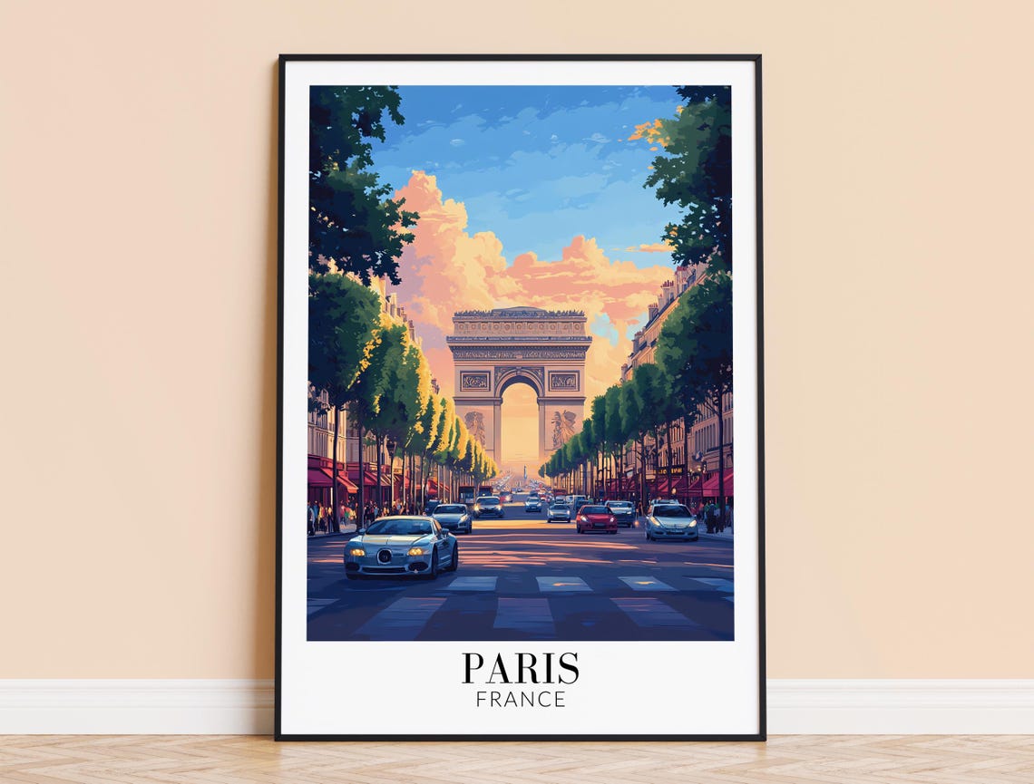 Paris France Arc de Triomphe Champs Elysees Sunset Travel Poster