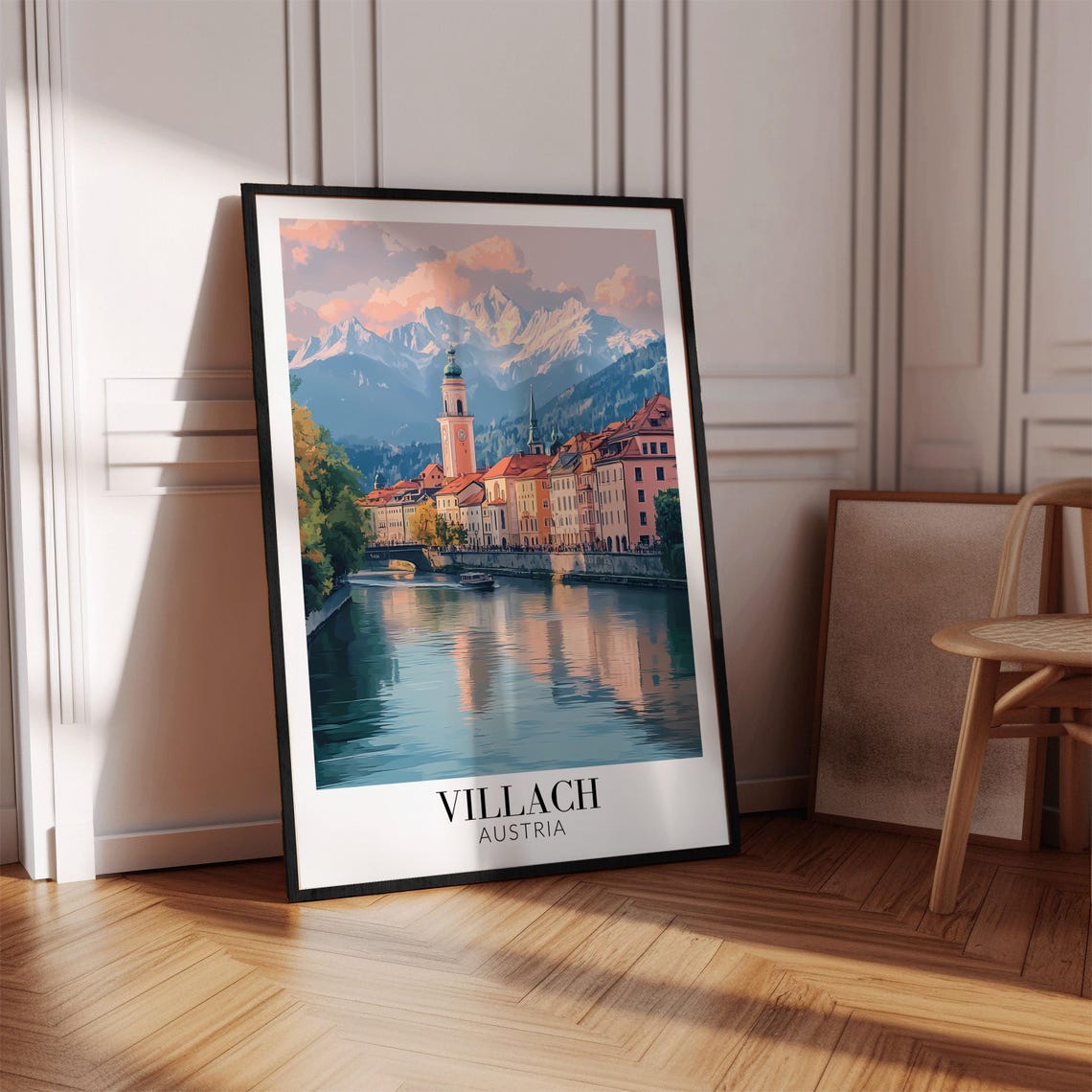 Villach Austria Riverside Promenade Pastel Sunset Glow Poster - Image 2