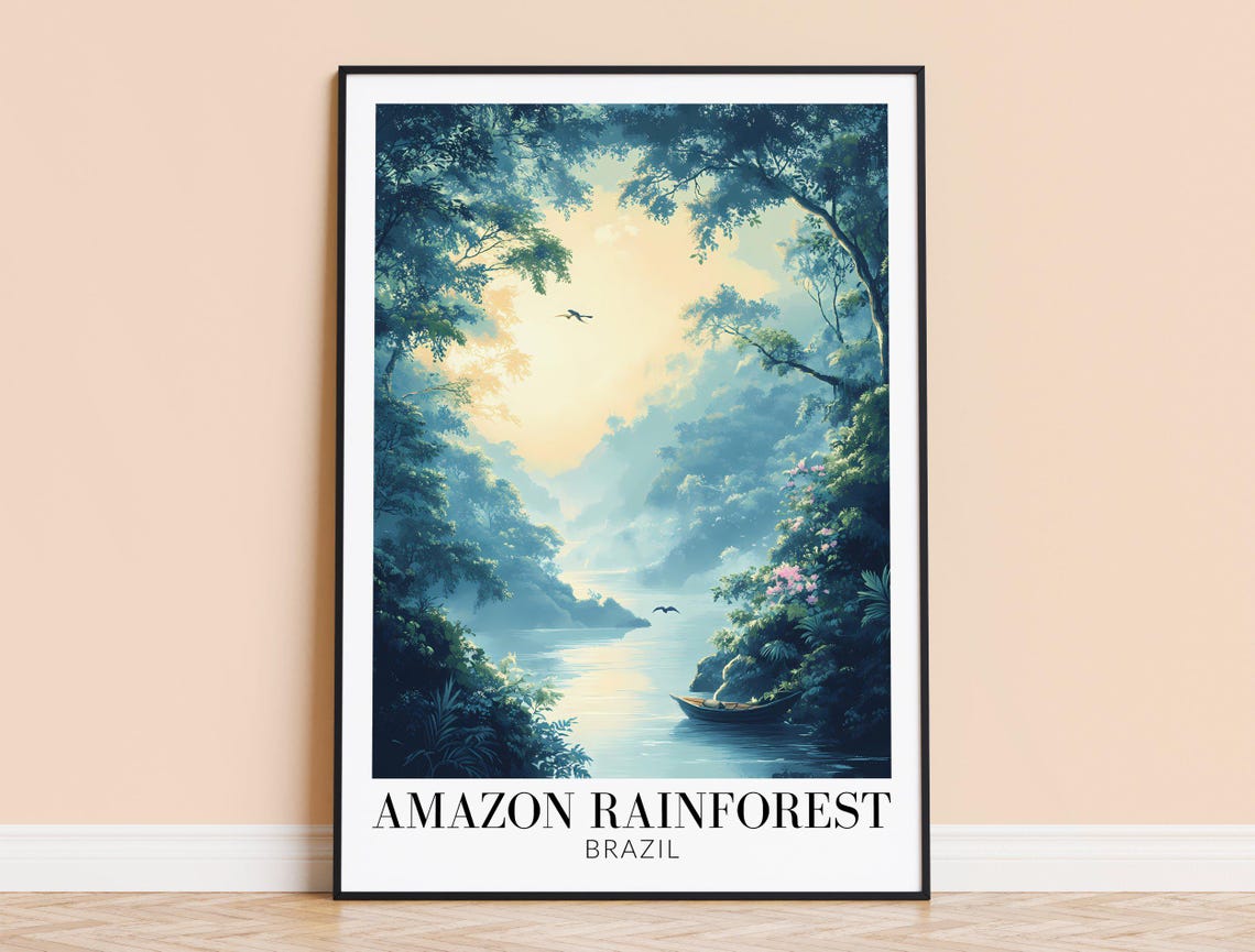 Amazon Rainforest Brazil Misty River Canoe Nature Travel Poster