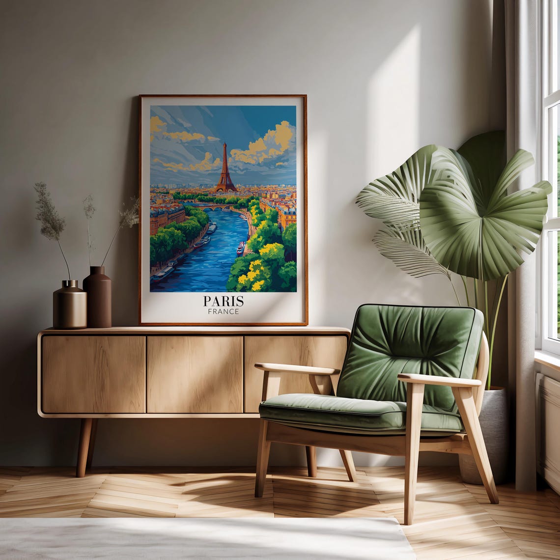 Paris Eiffel Tower Seine Bold Blue Daytime Clouds Travel Poster - Image 2