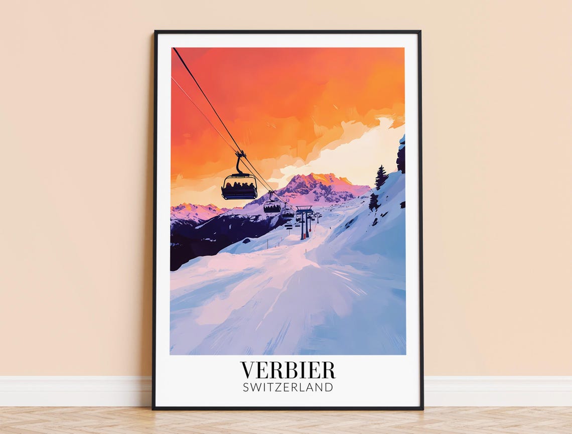 Verbier Switzerland Ski Lift at Sunset Over Snowy Slopes Poster