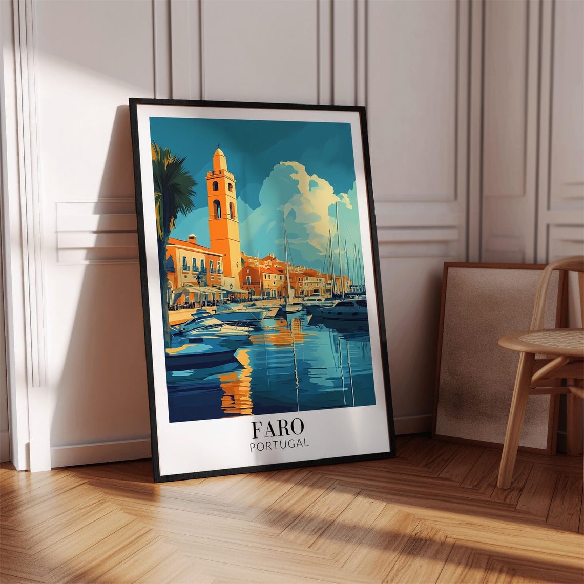 Faro Marina Portugal Sailboats Bell Tower Stylized Teal Poster - Image 2