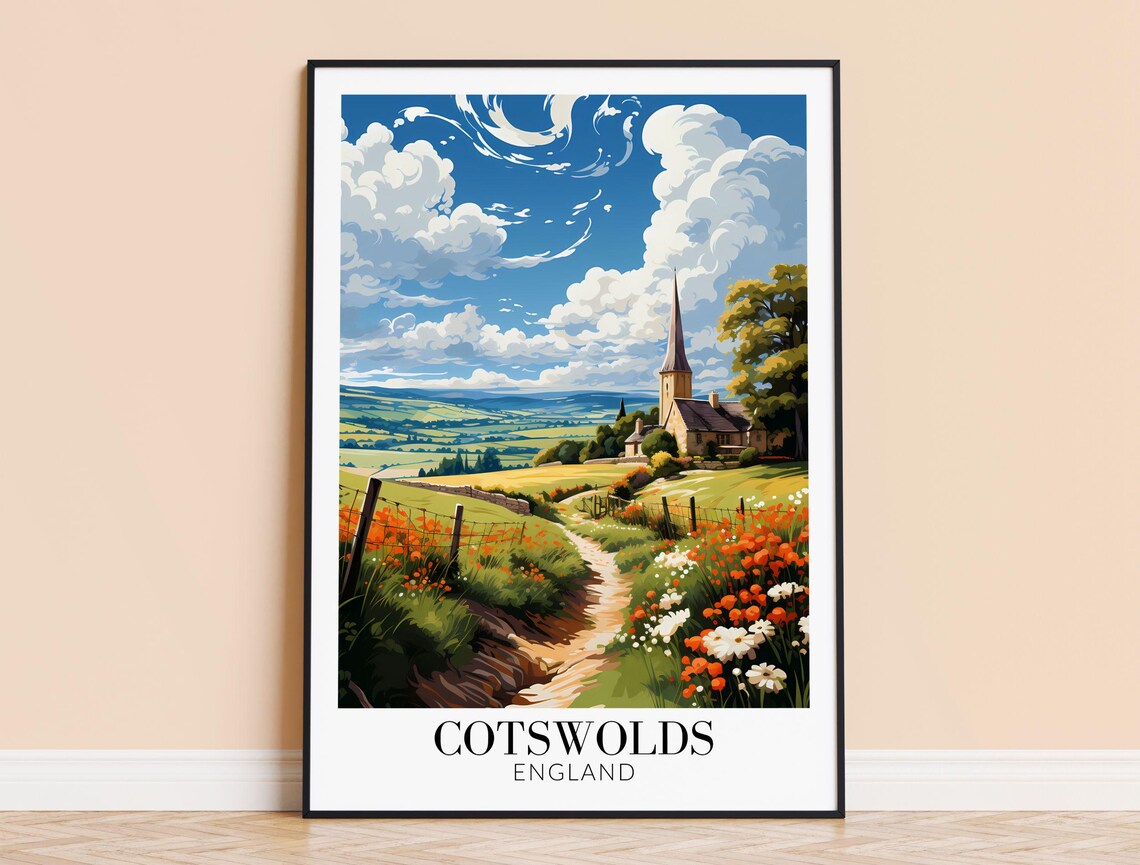 Cotswolds England Village Church Among Poppies Travel Poster