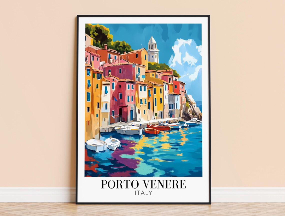 Porto Venere Italy Colorful Waterfront Houses Boat Reflections Poster