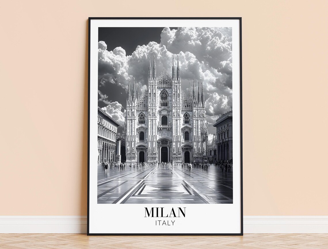Milan Italy Duomo Cathedral Gothic Facade Monochrome Travel Poster