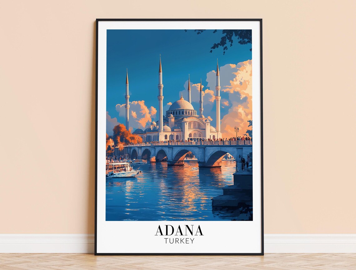 Adana Turkey Grand Mosque and Bridge in Golden Daylight Poster